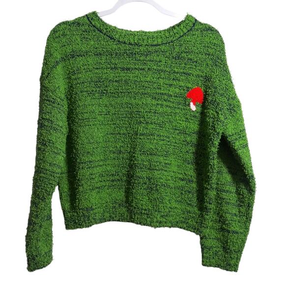 CIDER Green Fuzzy Mushroom Embroidery Sweater Novelty Casual Size Small - Picture 1 of 7